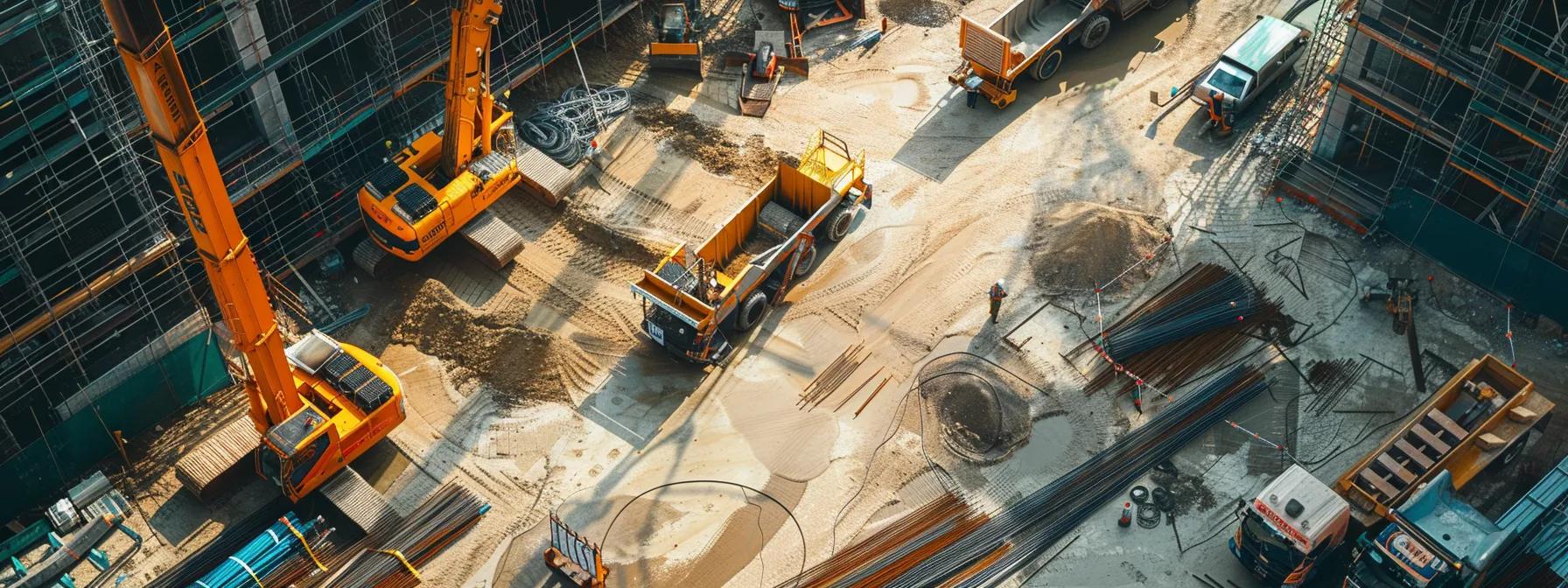 a construction site with a bold logo displayed prominently on all equipment and vehicles, showcasing a strong and cohesive brand identity.