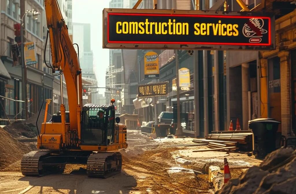 a construction site with a vibrant, eye-catching sign displaying local keywords like