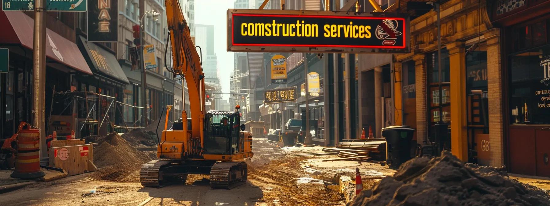 a construction site with a vibrant, eye-catching sign displaying local keywords like