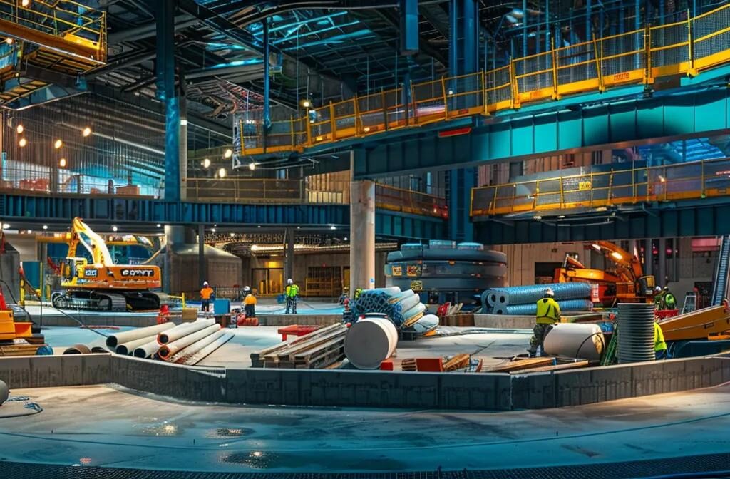 a construction site with uniformed workers prominently displaying the company logo on their hard hats and safety vests, surrounded by equipment in a cohesive color scheme, creating a visually striking representation of implementing visual branding elements for recognition.