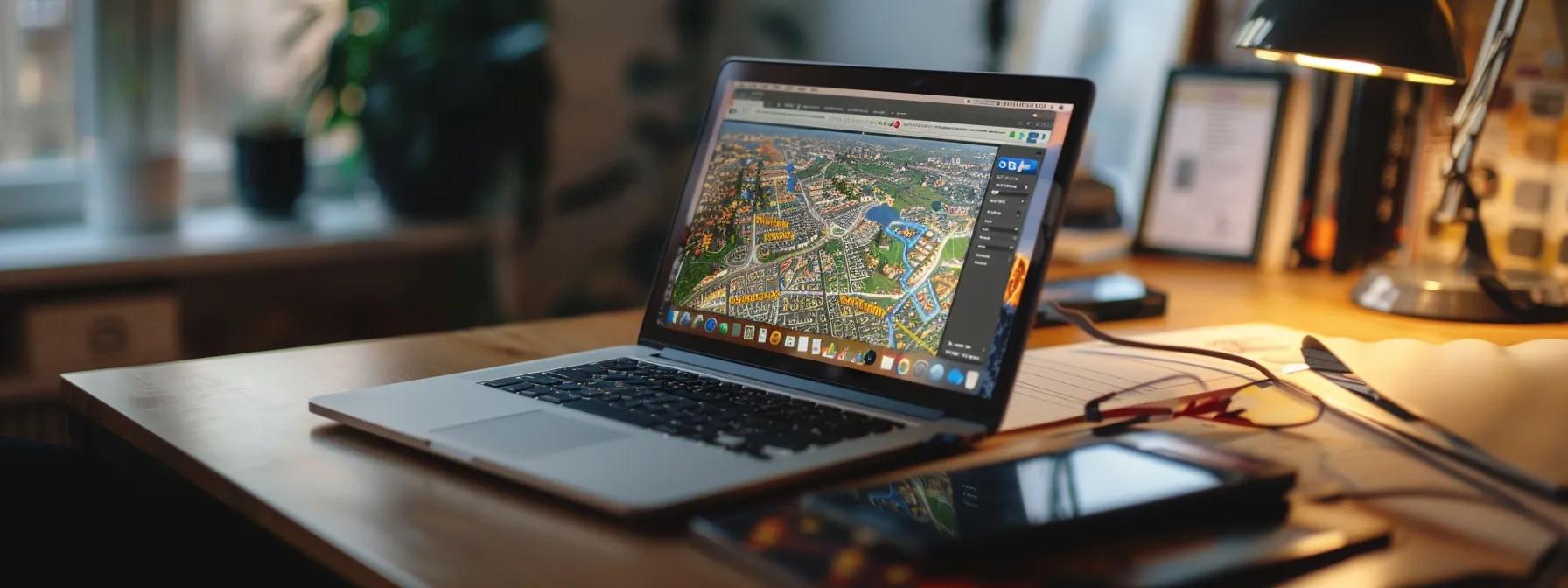a construction website displayed on a laptop screen, with a highlighted map showing local seo strategies being implemented for on-page optimization.