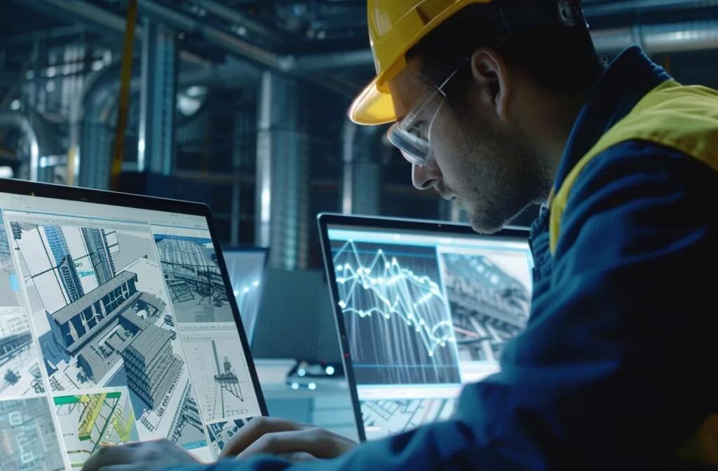 a construction worker analyzing a laptop screen displaying construction industry keywords, surrounded by blueprints and architectural drawings.