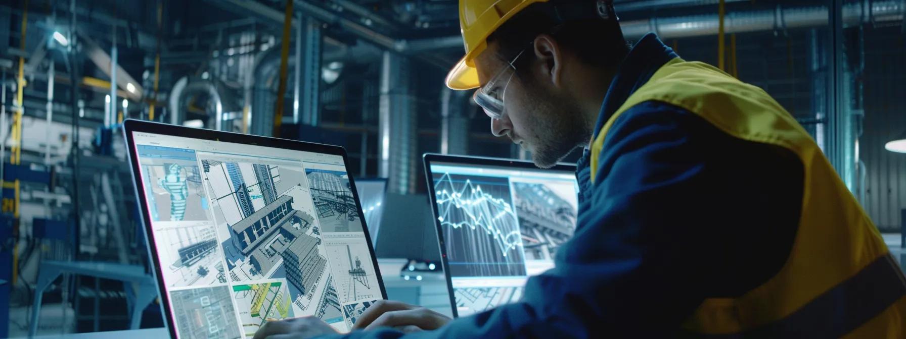 a construction worker analyzing a laptop screen displaying construction industry keywords, surrounded by blueprints and architectural drawings.