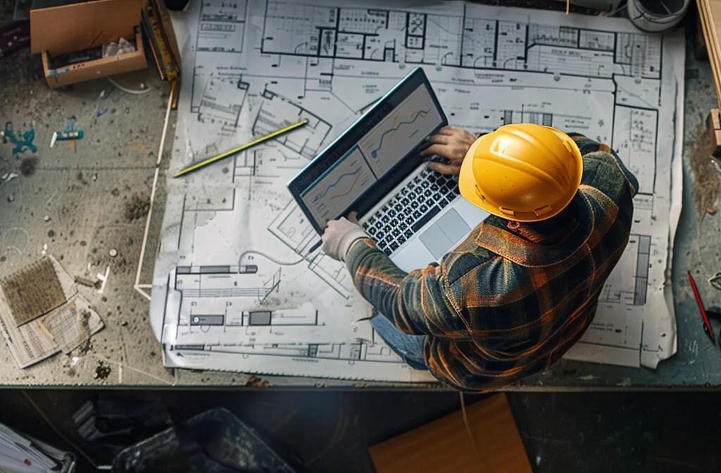 a construction worker analyzing a laptop screen with a variety of keyword research tools displayed, surrounded by blueprints and construction plans.