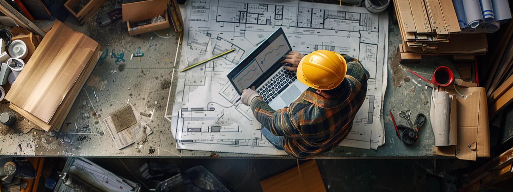 a construction worker analyzing a laptop screen with a variety of keyword research tools displayed, surrounded by blueprints and construction plans.