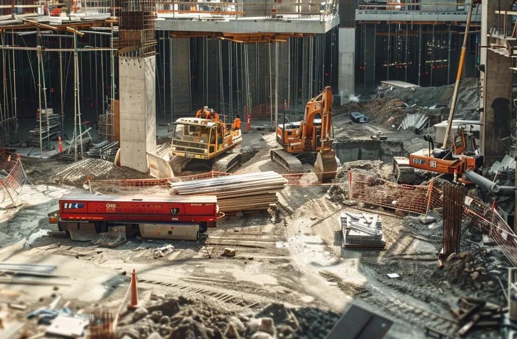 a construction worker analyzing mobile analytics on a laptop at a bustling construction site.