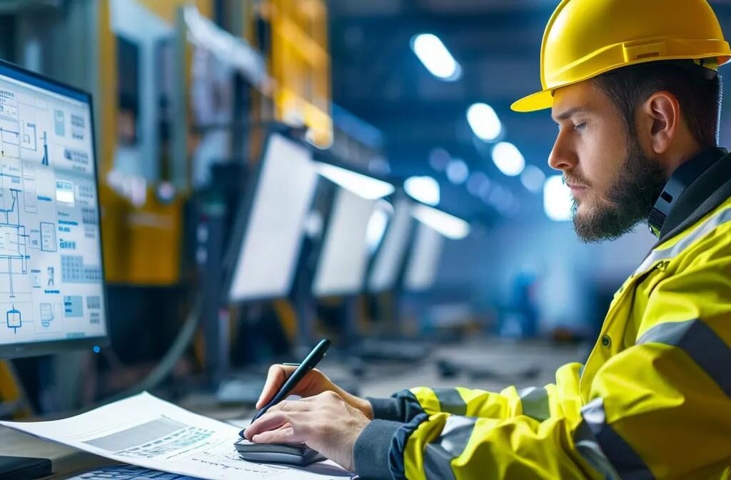 a construction worker carefully adding keywords to a blueprint, with a computer displaying a website design in the background.