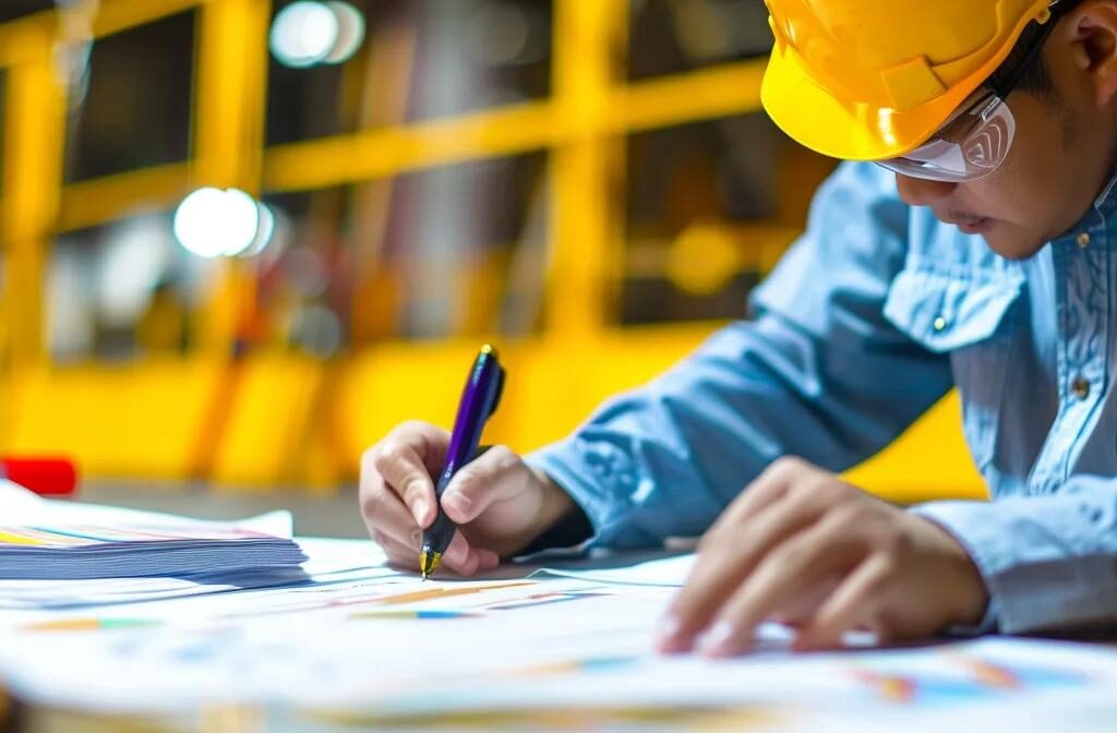 a construction worker carefully analyzing a computer screen filled with detailed analytics graphs and charts, measuring the success of their keyword research efforts.