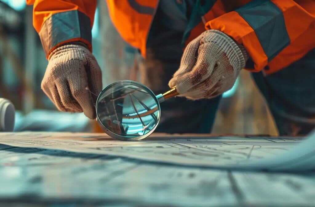 a construction worker carefully examining a blueprint with a magnifying glass to uncover valuable keyword research tactics for marketing.