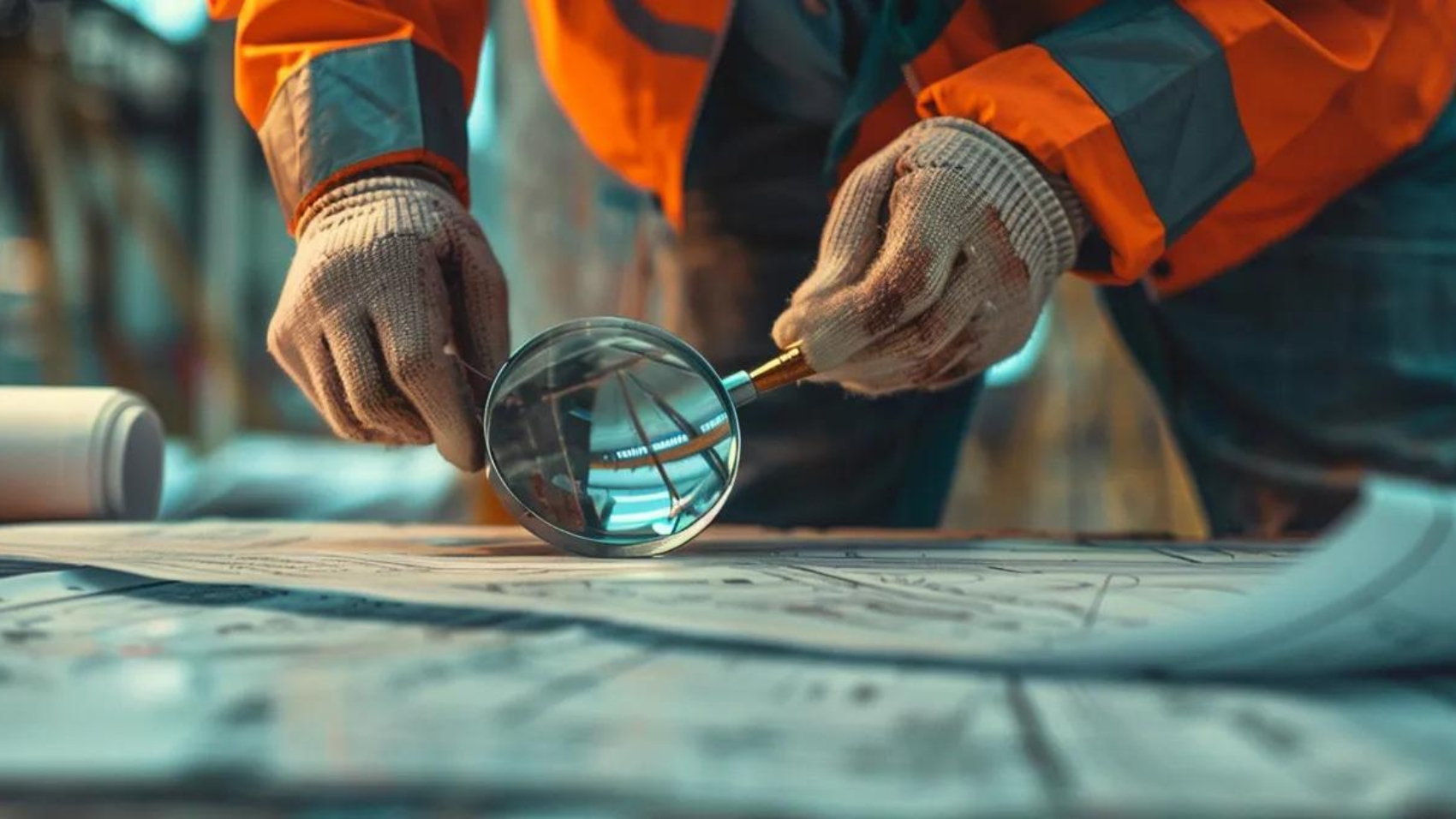 a construction worker carefully examining a blueprint with a magnifying glass to uncover valuable keyword research tactics for marketing.