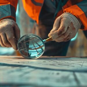 Construction worker examining blueprints with a magnifying glass, emphasizing attention to detail in construction projects.