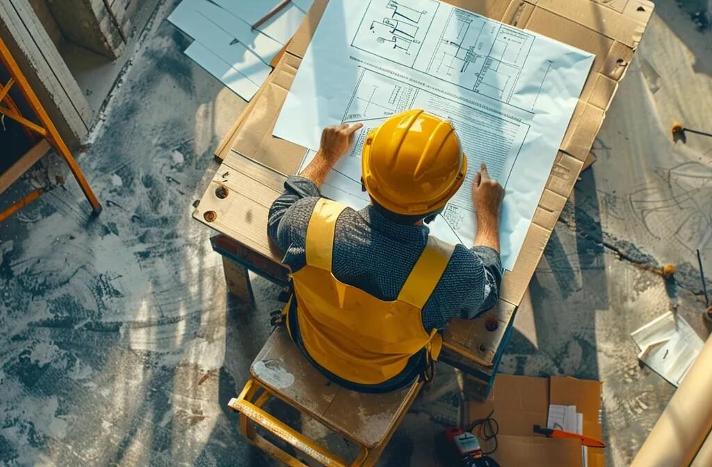 a construction worker carefully placing keywords and optimizing images on a website, surrounded by tools and blueprints.