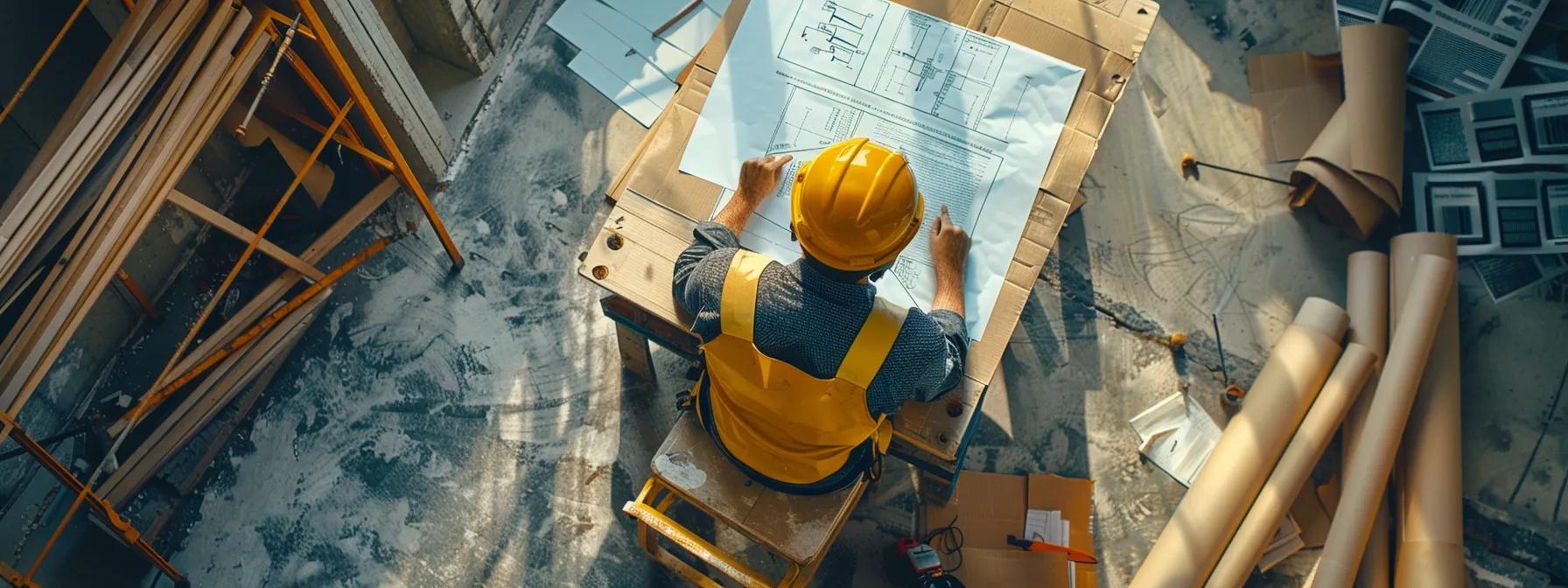a construction worker carefully placing keywords and optimizing images on a website, surrounded by tools and blueprints.