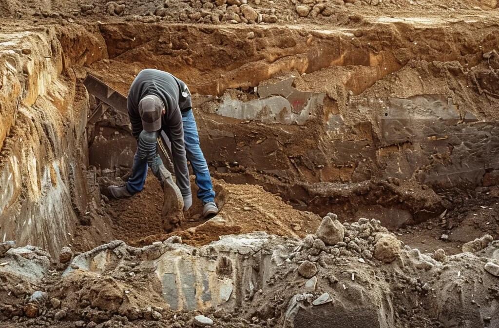 a construction worker carefully placing a strong foundation for a sturdy building, symbolizing the importance of adhering to best practices in link building for construction firms.