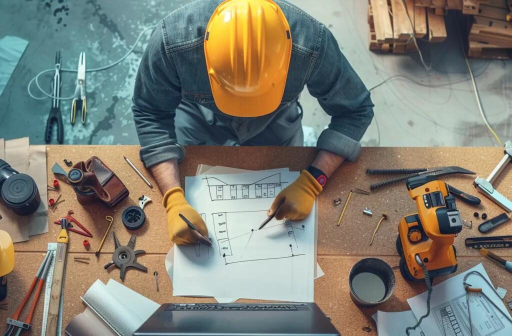 a construction worker crafting an engaging blog post surrounded by targeted keywords and tools on a desk.