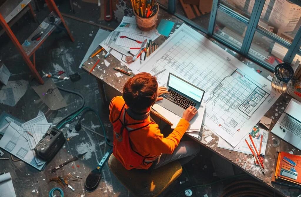 a construction worker examining a laptop screen filled with construction-specific keywords and competitor analysis charts, surrounded by blueprints and tools.