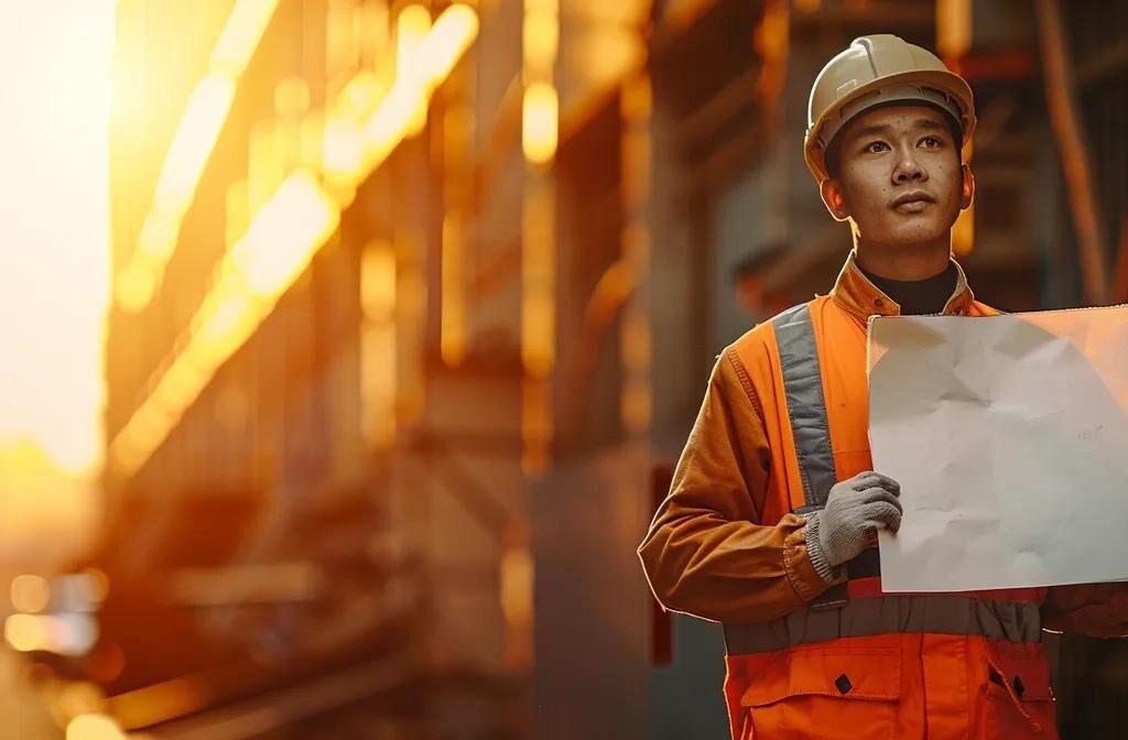 a construction worker holding a sign with a clear value proposition, surrounded by targeted client groups segmented by their specific needs.