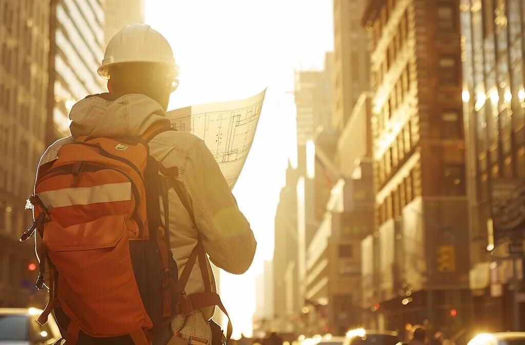 a construction worker holding a high-quality content blueprint in a bustling urban setting, surrounded by industry influencers and industry websites as buildings in the background.