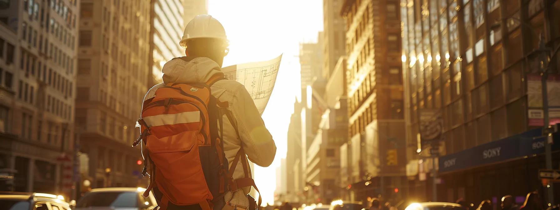 a construction worker holding a high-quality content blueprint in a bustling urban setting, surrounded by industry influencers and industry websites as buildings in the background.