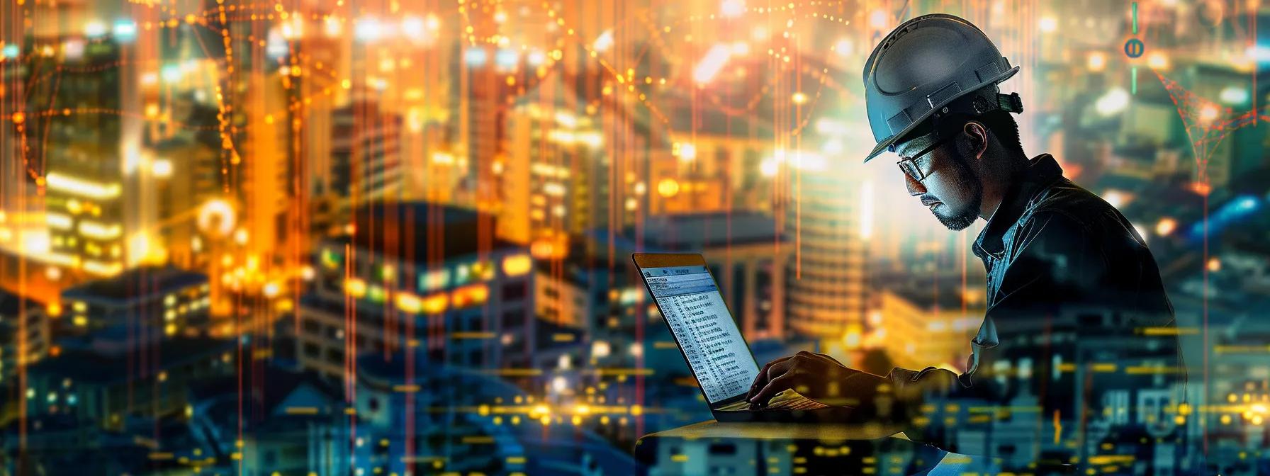 a construction worker in a hard hat, reading an email on a laptop at a construction site, with detailed architectural plans in the background.