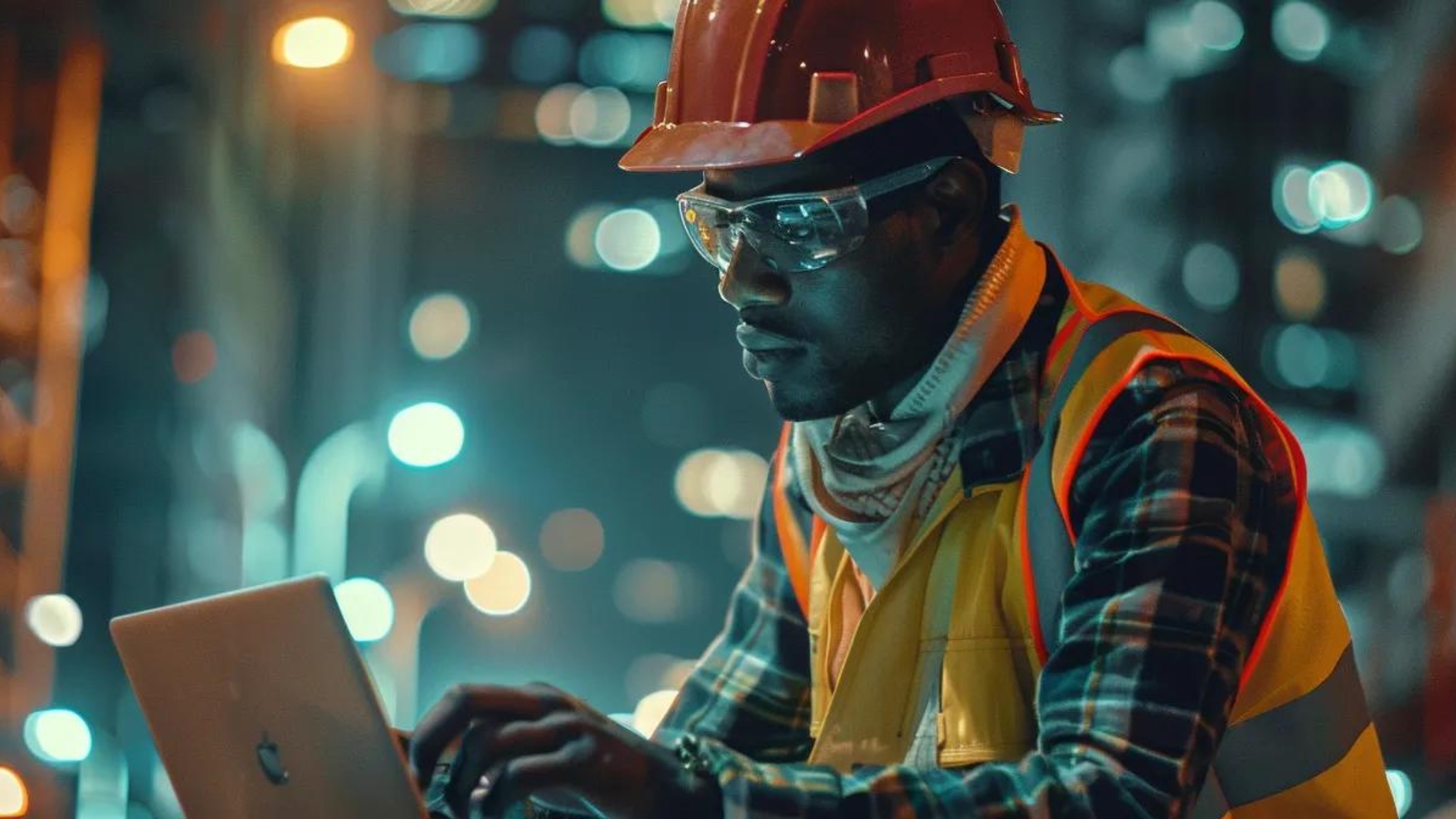 a construction worker in hard hat and reflective vest confidently managing social media accounts on a laptop at a busy construction site.