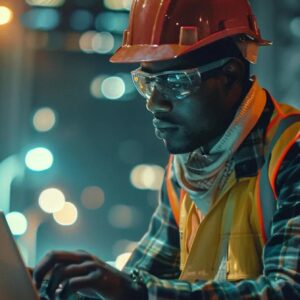 Construction worker in hard hat and safety glasses using a laptop, emphasizing effective branding and technology in the construction industry.