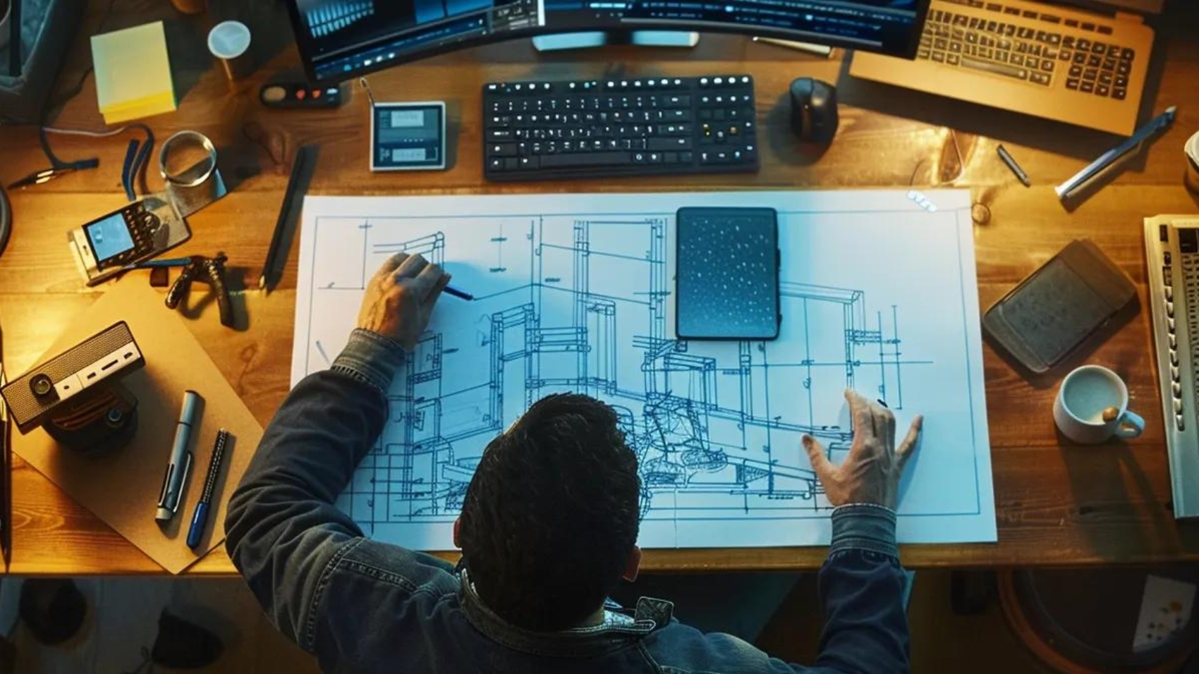 a construction worker inspecting a website blueprint with seo tools scattered around the desk.