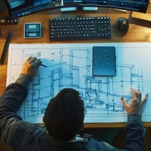 Construction professional reviewing architectural blueprints and plans at a desk with computer monitors, emphasizing effective project management for construction firms.