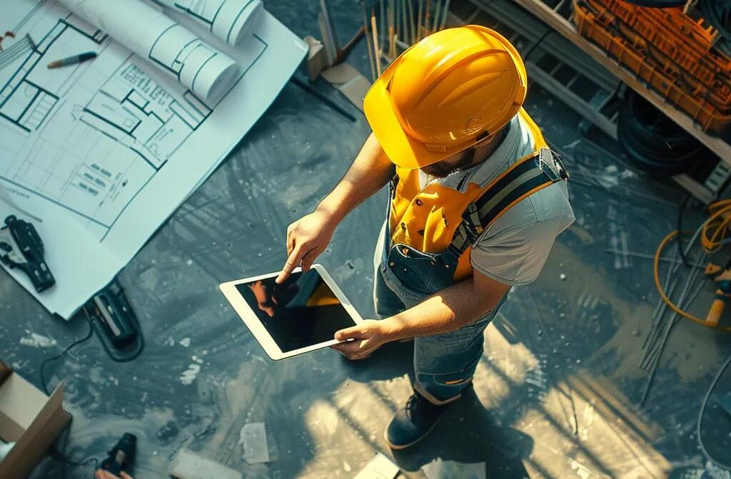 a construction worker inspecting a website interface on a mobile device, surrounded by blueprints and tools, symbolizing the importance of technical seo audits for construction companies.