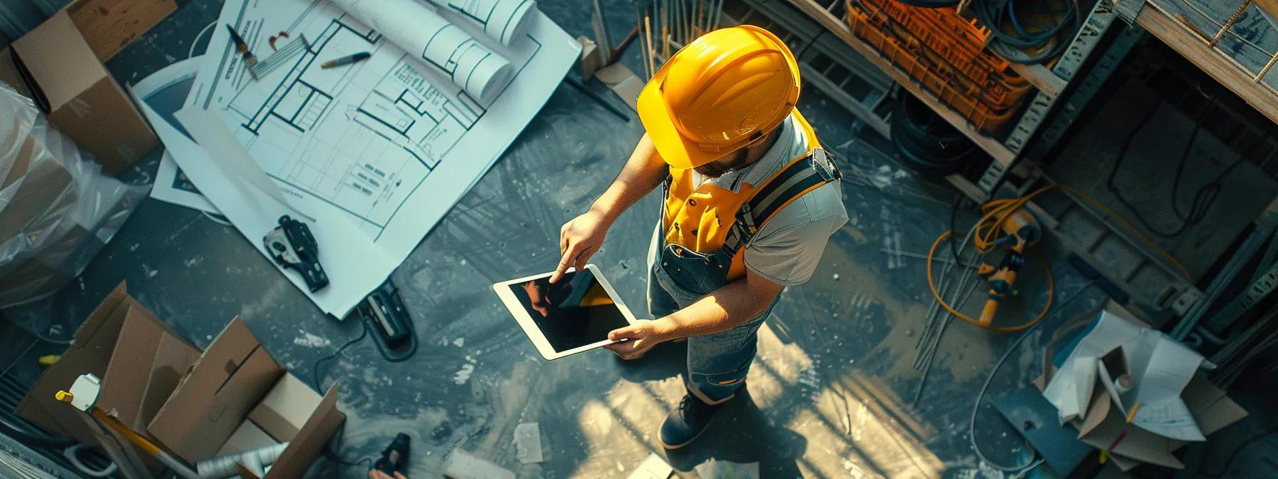 a construction worker inspecting a website interface on a mobile device, surrounded by blueprints and tools, symbolizing the importance of technical seo audits for construction companies.
