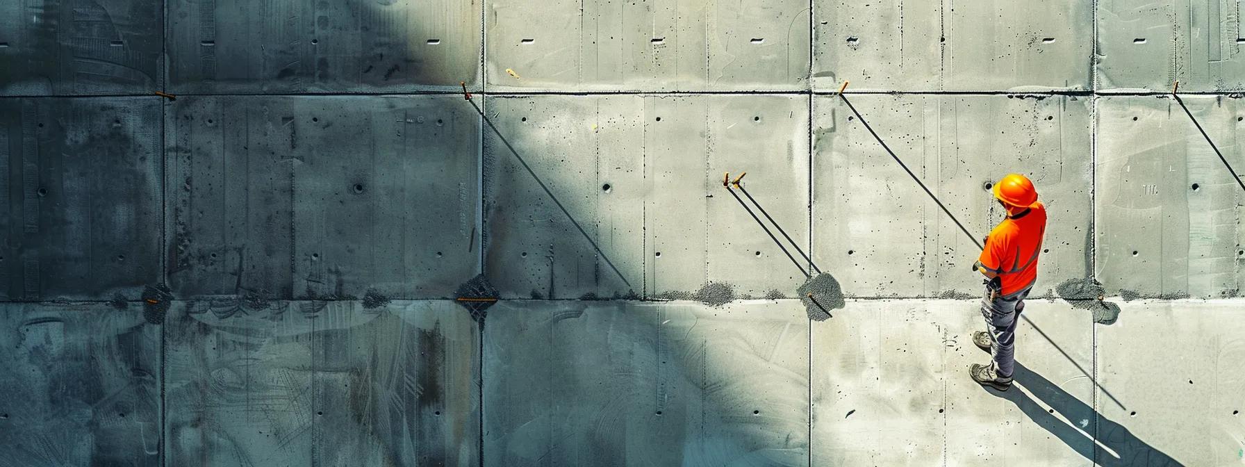 a construction worker inspecting a sleek, mobile-friendly website layout with efficient navigation and strong keyword integration, optimizing online visibility and user experience.