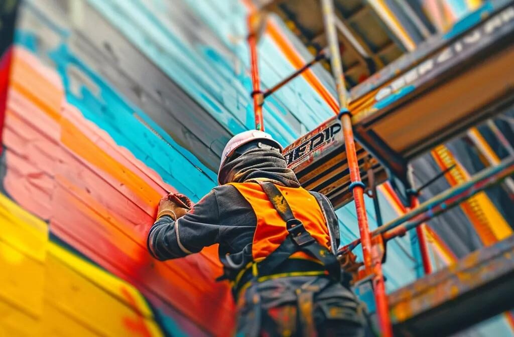a construction worker meticulously painting a vibrant, eye-catching logo on a wooden sign.