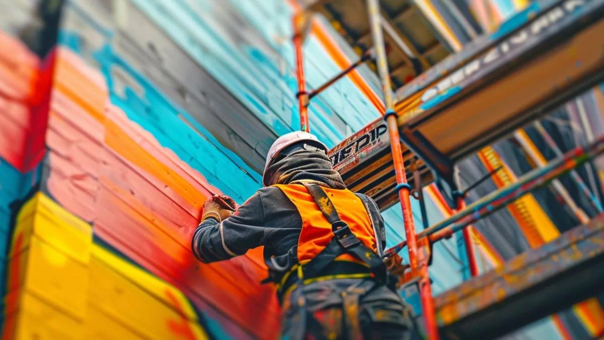 a construction worker meticulously painting a vibrant, eye-catching logo on a wooden sign.