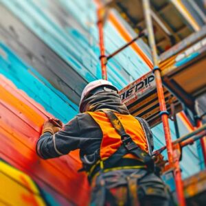 Construction worker applying colorful paint to a wall, wearing safety gear and a helmet, illustrating branding and creativity in the construction industry.