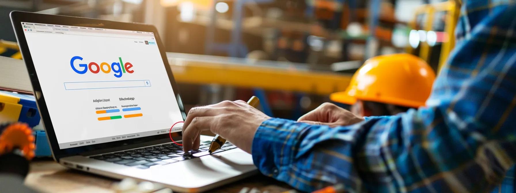 a construction worker optimizing a google my business profile on a laptop with graphs showing increased local search traffic in the background.