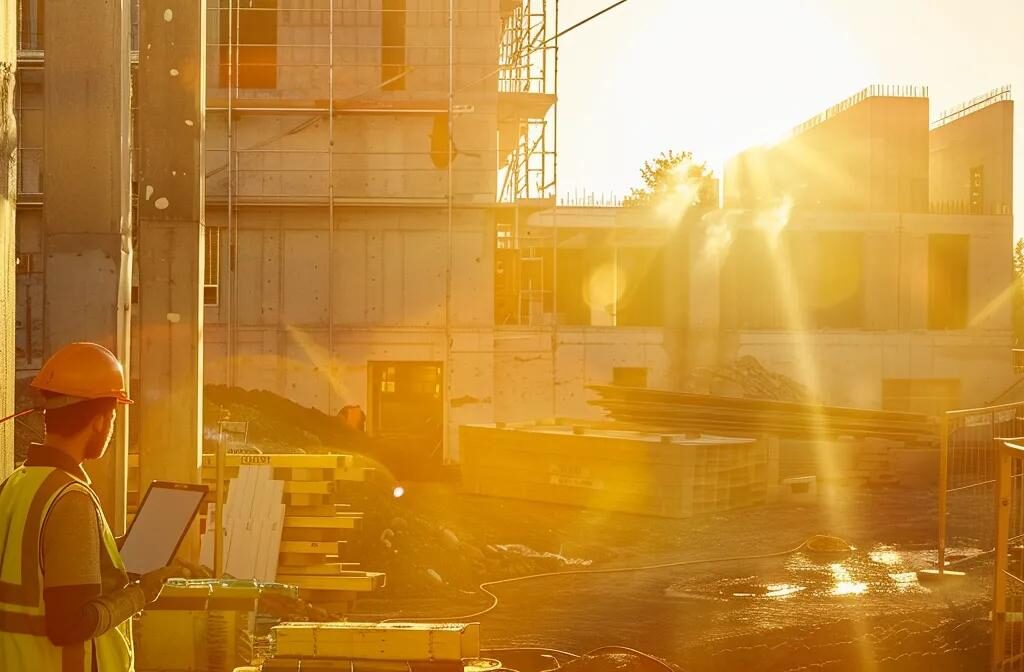 a construction worker surveying a job site while holding a tablet displaying keyword research for long-tail construction services.