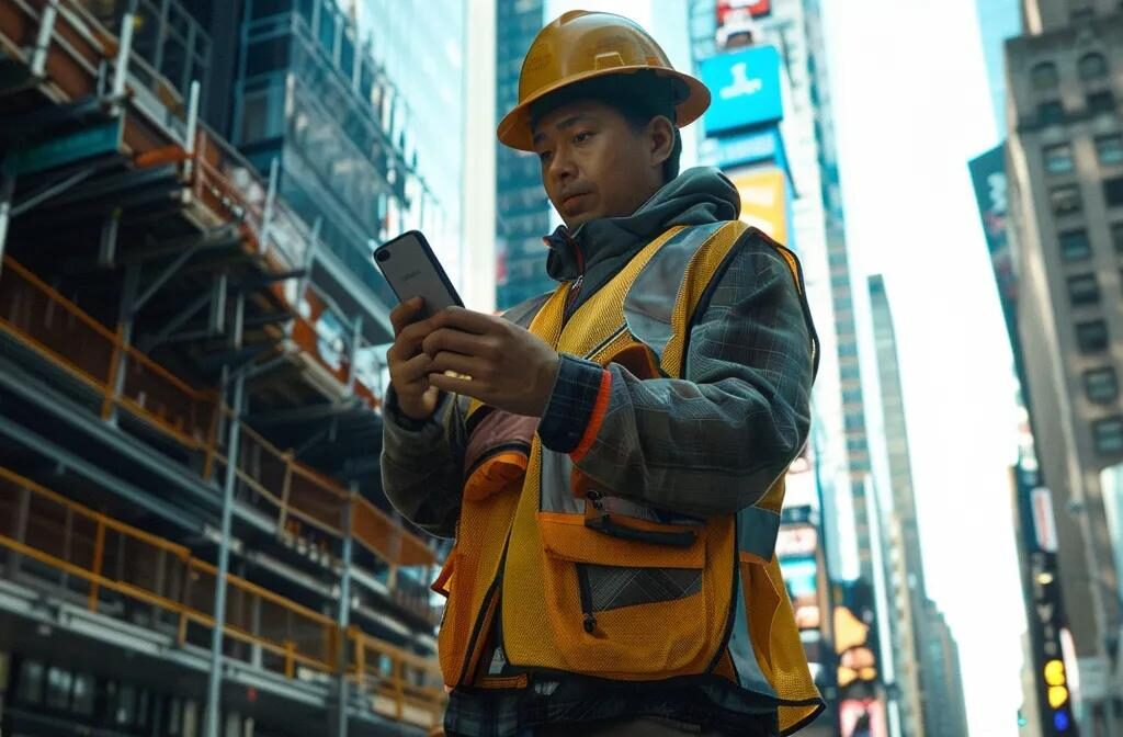 a construction worker updating digital marketing tactics on a smartphone amidst a bustling city backdrop.