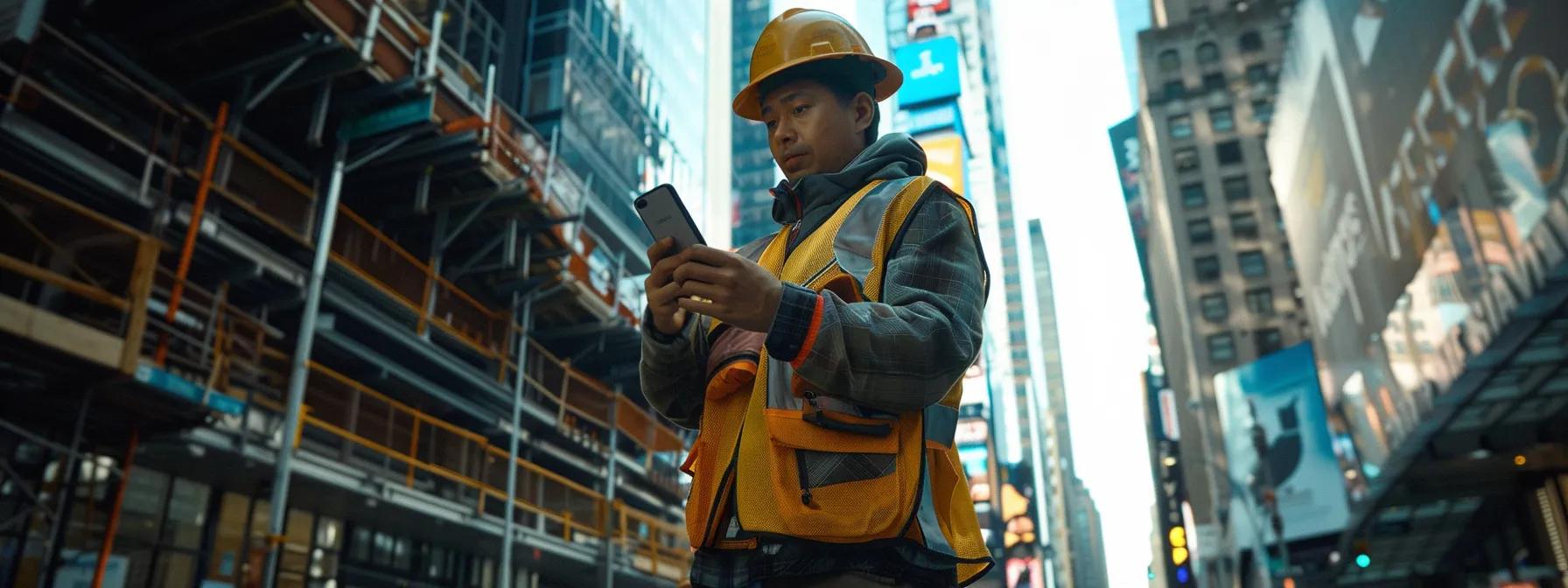 a construction worker updating digital marketing tactics on a smartphone amidst a bustling city backdrop.