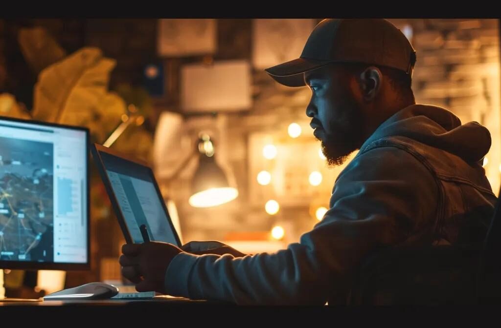 a construction worker updating the title tag and meta description of a website, surrounded by location-specific service pages and google maps, all emphasizing local seo strategies for visibility.