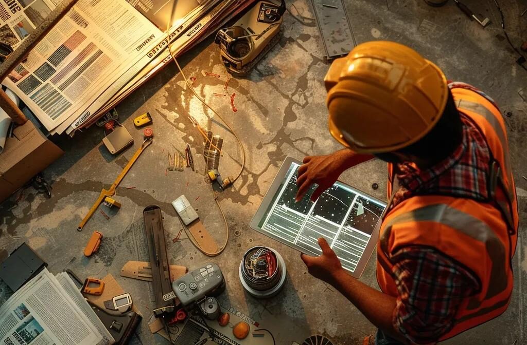 a construction worker using a digital tablet to automate content marketing, surrounded by industry-related magazines and social media icons.