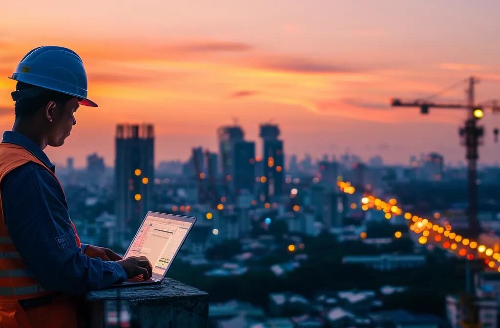 a construction worker using a laptop to research industry-specific keywords with a city skyline in the background.