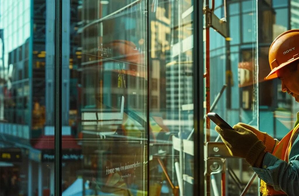 a construction worker using a smartphone to access a mobile-optimized website, with the clear and responsive design adapting perfectly to the small screen size.