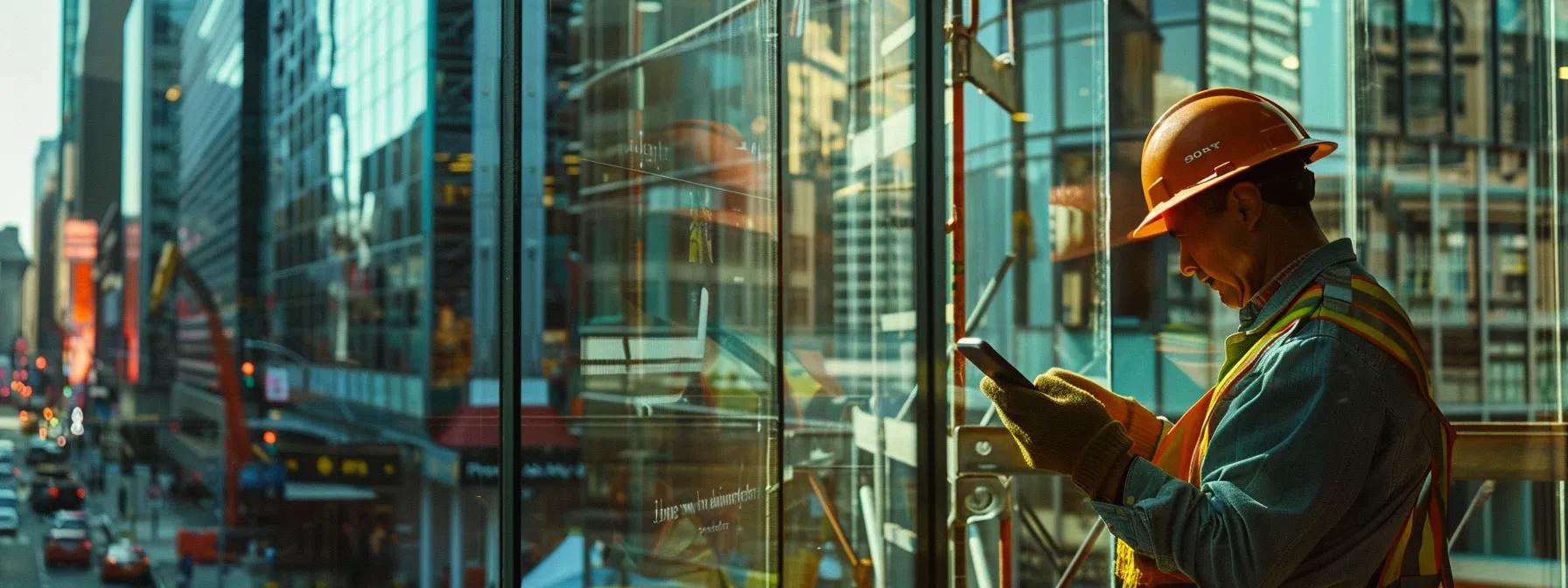 a construction worker using a smartphone to access a mobile-optimized website, with the clear and responsive design adapting perfectly to the small screen size.