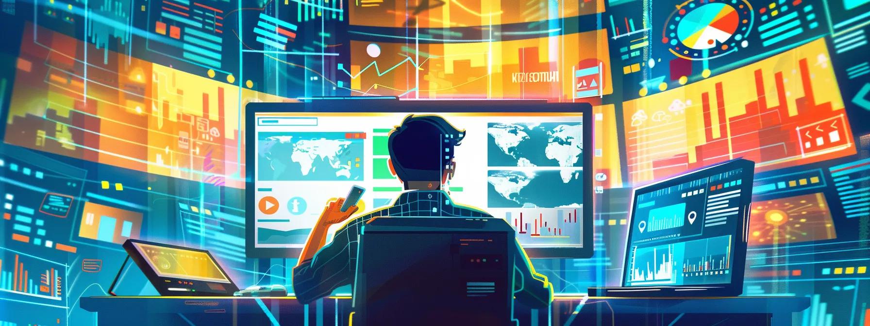 a contractor analyzing web analytics on a computer screen, surrounded by vibrant social media ad visuals and graphs.