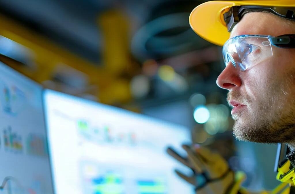 a contractor carefully analyzing a computer screen displaying online reviews and engagement metrics, surrounded by tools for reputation monitoring.