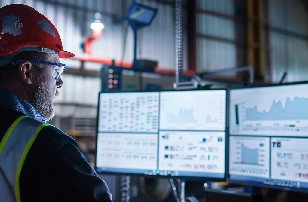 a contractor confidently reviewing positive customer feedback on a computer screen, surrounded by graphs and charts displaying analytics data.