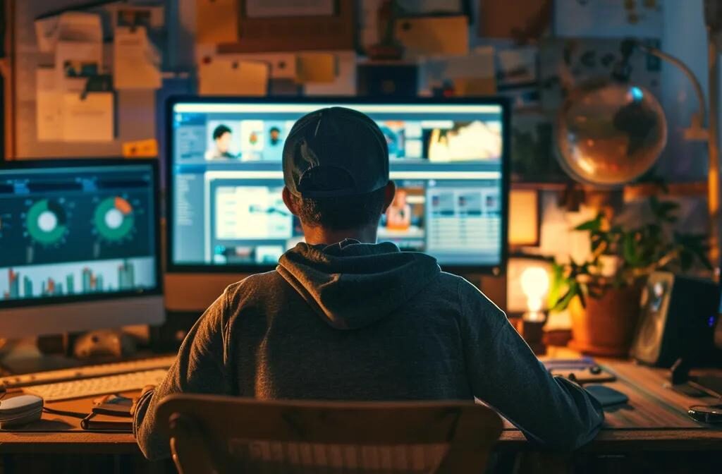 a contractor examining a computer screen displaying detailed website analytics, surrounded by keyword research tools and local seo resources on a cluttered desk.