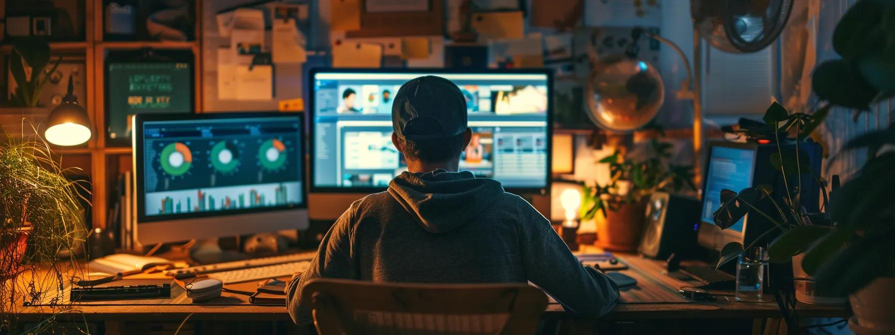 a contractor examining a computer screen displaying detailed website analytics, surrounded by keyword research tools and local seo resources on a cluttered desk.
