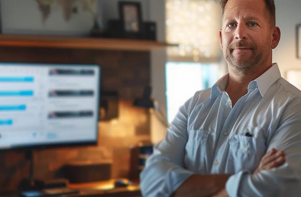 a contractor proudly standing in front of glowing reviews and testimonials displayed on a computer screen.