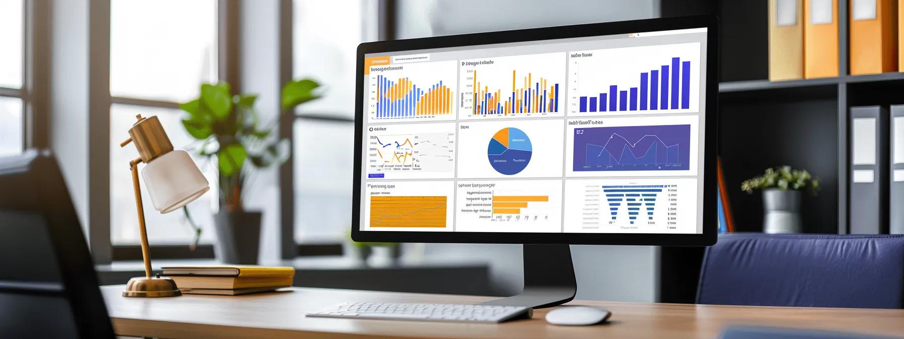 a contractor reviewing a computer screen displaying a visually engaging digital marketing campaign with analytics and positive customer reviews.